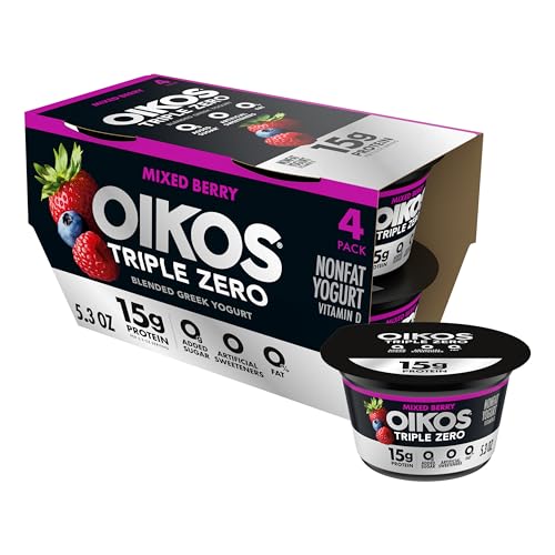 Oikos Triple Zero Mixed Berry Nonfat Greek Yogurt Pack, 0% Fat, 0g Added Sugar and 0 Artificial Sweeteners, Just Delicious High Protein Yogurt, 4 Ct, 5.3 OZ Cups ProductsLogo