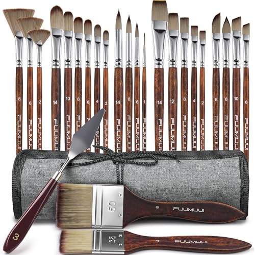 25pcs Paint Brush Set, Fuumuui Acrylic Paint Brushes, Professional Artist Series with Wide Flat, Filbert, Fan, Dagger, Cat Tongue, Round, Angle, Rigger for Oil, Acrylic Canvas Paintings, Face Painting ProductsLogo