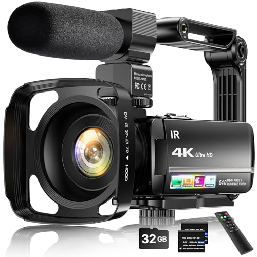 4K Video Camera Camcorder 64MP Vlogging Camera for YouTube 3.0" Touch Screen 18X Digital Zoom IR Night Vision with External Stereo Microphone,Remote,Lens Hood,Handheld Stabilizer,32G Card &2 Batteries ProductsLogo