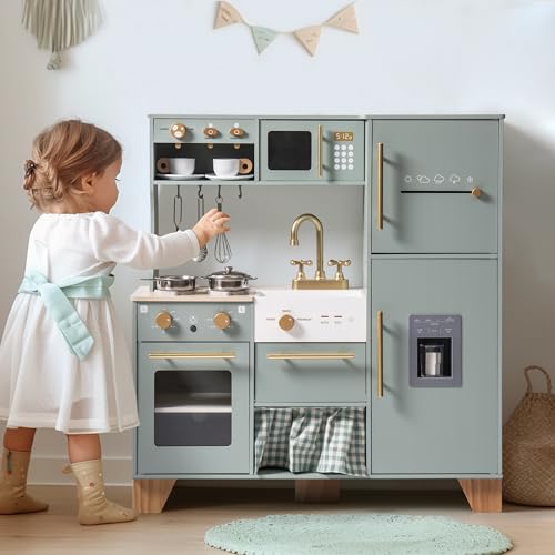 ROBOTIME Play Kitchen for Kids Toddlers, Wooden Pretend Play Kitchen Set Toy with Fridge, Ice Maker, Coffee Maker, Toys Kitchen Gift for 3+ Year Old Kids, Girls & Boys ProductsLogo