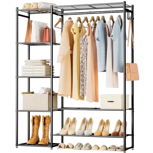 Wardrobe Closet, Portable Clothing Rack for Hanging Clothes, Free Standing Closet Organizers and Storage System with 4 Tiers Shelves for Cloakroom Bedroom, Black ProductsLogo