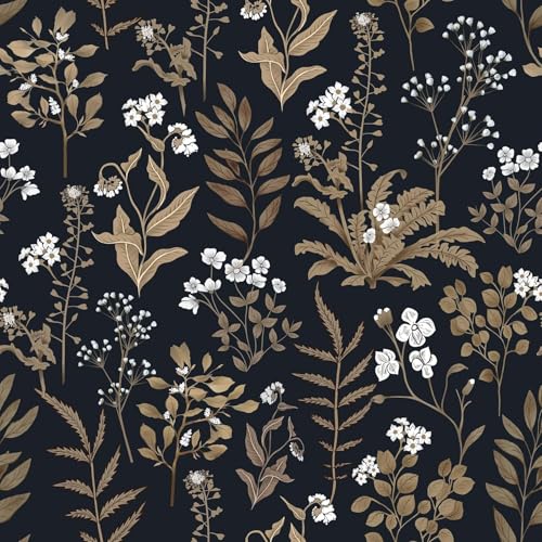 Abyssaly Black and Gold Wallpaper Dark Floral Peel and Stick Wallpaper Vintage Leaf Contact Paper Removable Self Adhesive Moody Botanical Vinyl Wrap for Bedroom Bathroom Shelf DIY Decor 17.3" x 118" ProductsLogo