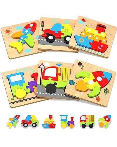 Yetonamr Wooden Toddler Puzzles Gifts Toys for 1 2 3 Years Old Boys Girls, 6 Vehicle Shape Montessori Toys Educational Blocks Kids Gift Baby Learning Toy Age 1-3, 2-4 ProductsLogo