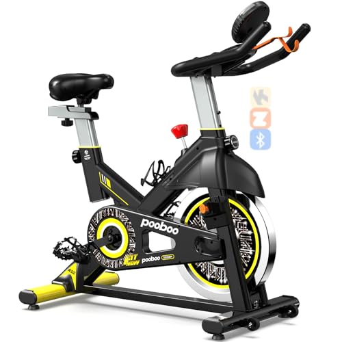 pooboo Magnetic Resistance Cycling Bike, Belt Drive Indoor Exercise Bike Stationary LCD Monitor with Ipad Mount ＆Comfortable Seat Cushion for Home Cardio Workout, Training Upgraded Version ProductsLogo