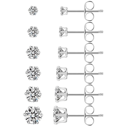 Ringcal 6 Pairs Stainless Steel Stud Earrings Set Hypoallergenic Cubic Zirconia 14K White Gold CZ Earrings for Women (6pairs-Silver) ProductsLogo