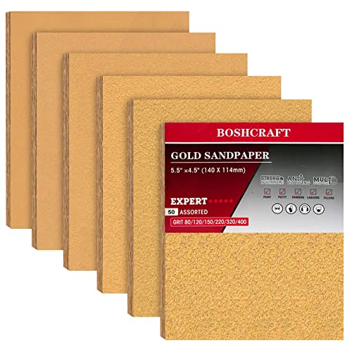 BOSHCRAFT 50 Pcs 1/4 Sheet Sandpaper, Premium Sand Paper 80/120/150/220/320/400 Grit Sandpaper Sheet Sand Paper Assortment for Wood Metal Automotive Palm Sanders 5.5" x 4.5" ProductsLogo
