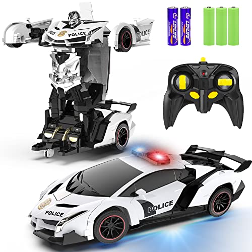 FDJ Remote Control Car - Transform Toys Car Robot, One Button Deformation to Robot with Flashing Light, 2.4Ghz 1:18 Scale Transforming Police Car Kids Toys with 360 Degree Rotating, Girls Boys Toys ProductsLogo