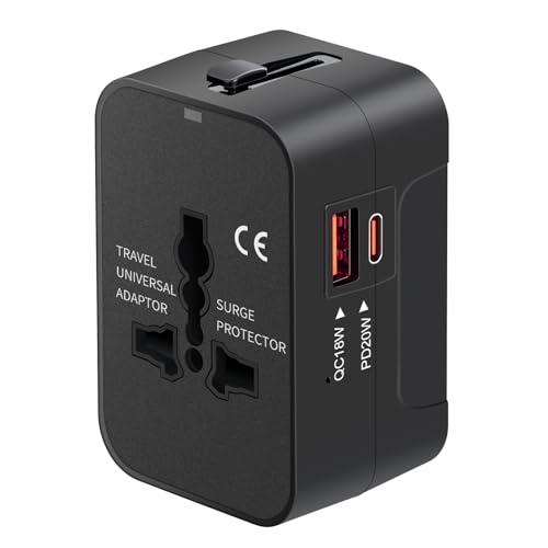 Travel Adapter USB C, Universal All in One Worldwide Travel Adapter Fast Charge GaN PD3.0 Type C USB-A Quick Charging Ports Power Converters Wall Charger AC Power Plug Adapter for USA EU UK AUS Black ProductsLogo