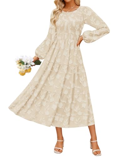 ZESICA Women's Fall Boho Floral Midi Dress 2025 Casual Long Sleeve Crewneck Flowy Wedding Guest Long Dresses,Apricot,Small ProductsLogo