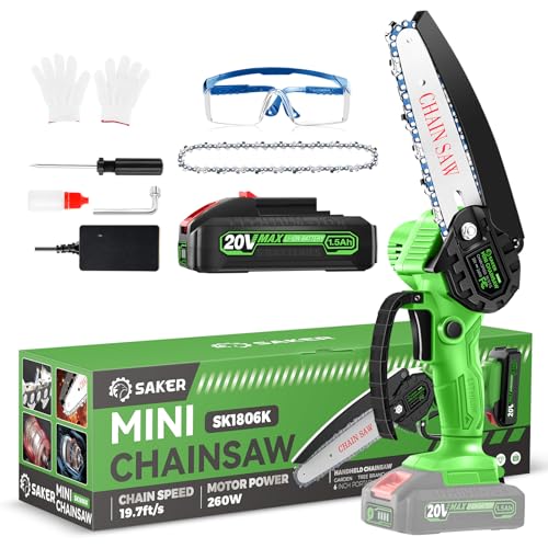 Saker Mini Chainsaw|6 Inch Chainsaw[2025 Upgraded]|Mini Cordless Electric Chain Saw|Small Handheld Portable Chainsaw Battery Powered Chain Saw for Tree Trimmer and Garden,Christmas Gifts for Men Women ProductsLogo