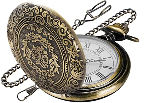 Realpoo Bronze Large Decorative Flower Pattern Pocket Watch White Roman Numeral Scale Quartz Pocket Watches for Men with Chain ProductsLogo