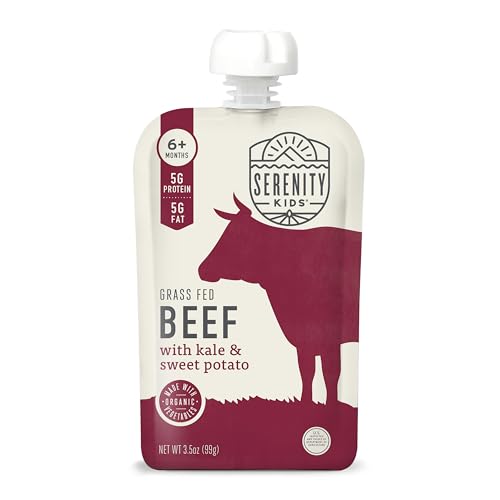 Serenity Kids 6+ Months Baby Food Pouches Puree Made With Ethically Sourced Meats & Organic Veggies | 3.5 Ounce BPA-Free Pouch | Grass Fed Beef, Kale, Sweet Potato | 1 Count ProductsLogo