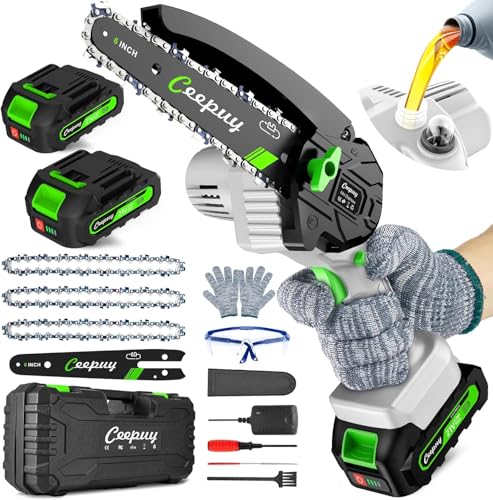 CEEPUY Mini Chainsaw Cordless,6 Inch Portable Electric Chainsaw with Automatic Oiler/Security Lock/Battery Powered Small Handheld Saw for Trees Branches Trimming,Wood Cutting,2 Batteries 3 Chains 2025 ProductsLogo