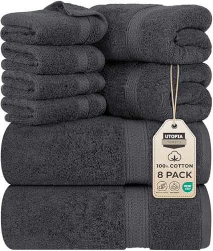 Utopia Towels 8 Piece Premium Towel Set, 2 Bath, 2 Hand, and 4 Wash Cloths, 600 GSM 100% Ring Spun Cotton, Highly Absorbent Towels for Bathroom, Gym, Hotel, and Spa, Grey ProductsLogo