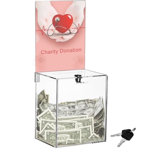 Youeon Large Acrylic Donation Box with Lock, 6.7 x 5 x 16 in Clear Suggestion Box with Slot and Lock, Ballot Tin with Sign Holder for Tip, Comment, Voting, Charity, Fundraising ProductsLogo