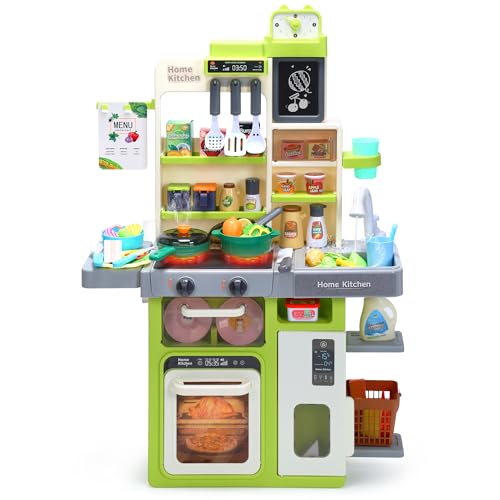 HOLYFUN Kids Kitchen Playset, Pretend Play Kitchen with Sounds and Lights, Cooking Stove Steam,Play Sink and Play Food,Toy Kitchen Set for Kids Toddlers, Green ProductsLogo