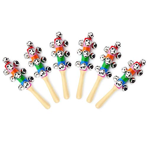 ZEAVOLA 6Pcs Wooden Jingle Hand Bells,Rainbow Handle Wooden Bells Jingle Stick Shaker Rattle Baby Kids Children Musical Toys ProductsLogo