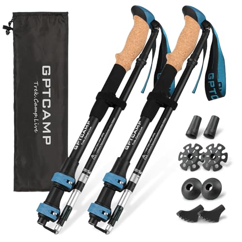 GPTCAMP Walking Sticks,Trekking Poles Collapsible Hiking Poles,Lightweight Folding Travel Walking Pole for Men Women,2pc Adjustable Hiking Stick with EVA Foam Grips for Backpacking,Blue ProductsLogo