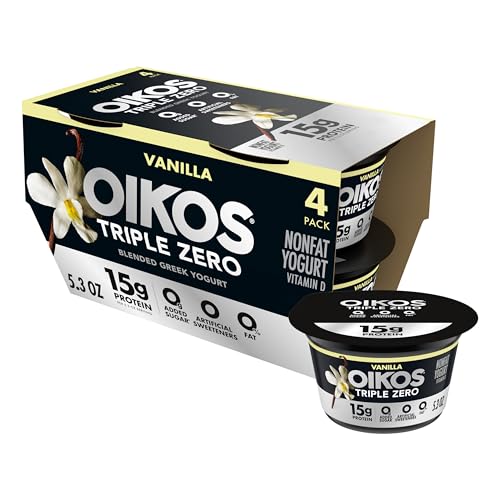 Oikos Triple Zero Vanilla Nonfat Greek Yogurt Pack, 0% Fat, 0g Added Sugar and 0 Artificial Sweeteners, Just Delicious High Protein Yogurt, 4 Ct, 5.3 OZ Cups ProductsLogo