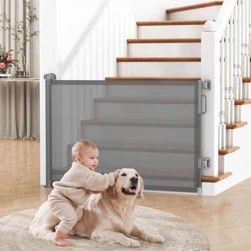 Cideny Retractable Baby Gate for Stairs, 55" Wide Mesh Dog Gate Indoor, 34'' Tall Child Gate for Doorways, Hallways, Deck, Indoor Outdoor Pet Baby Safety Essentials for Home, Grey ProductsLogo