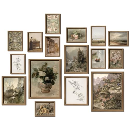 16 PCS Framed Vintage Wall Art Decor, French Country Farmhouse Gallery Wall Frame Set Prints for Bedroom Bathroom, Rustic Landscape Posters for Living Room Aesthetic, Cottagecore Dorm Home Collage Kit ProductsLogo
