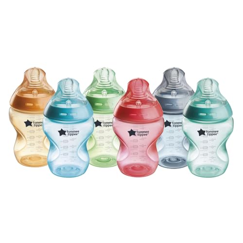 Tommee Tippee Natural Start Anti-Colic 9 oz BPA Free Baby Bottles, 0+ Months, Slow Flow Breast-Like Nipple, Self Sterilizing, Designed for Seamless Transition Between Bottle & Breast, Fiesta,Pack of 6 ProductsLogo