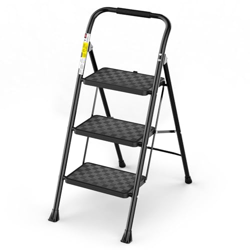 HBTower 3 Step Ladder, 3 Step Stool for Adults, 3 Step Ladder Folding Step Stool with Cushioned Handle Step Ladder with Wide Pedal Ergonomic Design,Black ProductsLogo