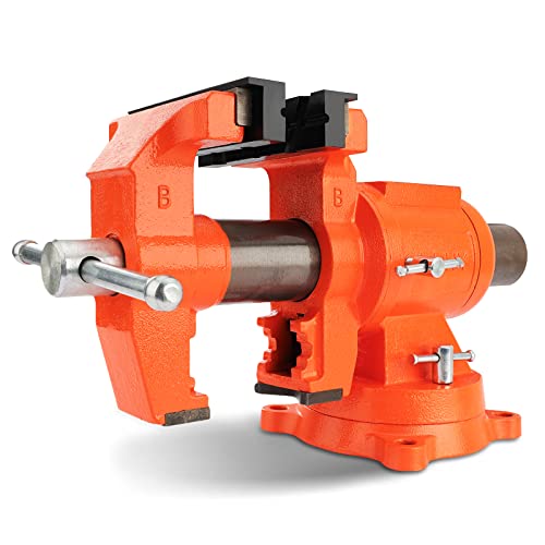 PONY Heavy Duty Bench Vise, 5-inch Jaw Width and Opening, 360-Degree Swivel Base With Anvil, Utility Combination Pipe Home Vise for Woodworking, One-Pair Vise Jaw Pad Included ProductsLogo