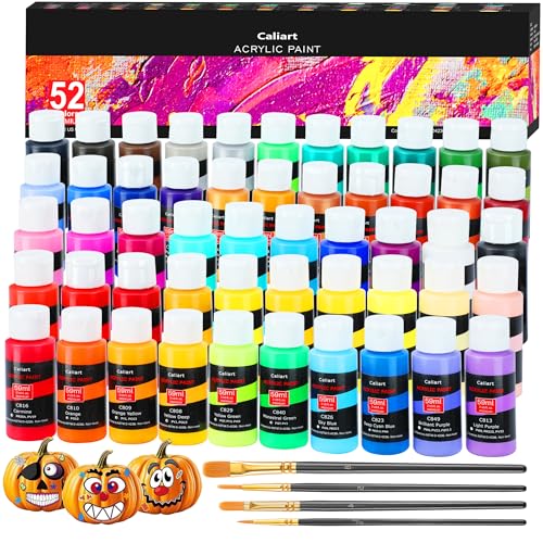 Caliart Acrylic Paint Set, 52 Colors (2oz/Bottle) with 4 Brushes, Art Craft Paints for Adults Artists Beginners Painters, Canvas Halloween Pumpkin Ceramic Wood Fabric Rock Painting Supplies Kit ProductsLogo