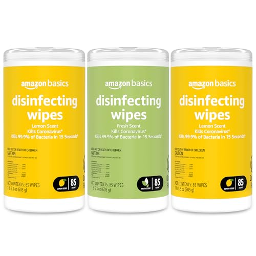 Amazon Basics Disinfecting Wipes, Lemon & Fresh Scent, Sanitizes/Cleans/Disinfects/Deodorizes, 255 Count (3 Packs of 85) ProductsLogo