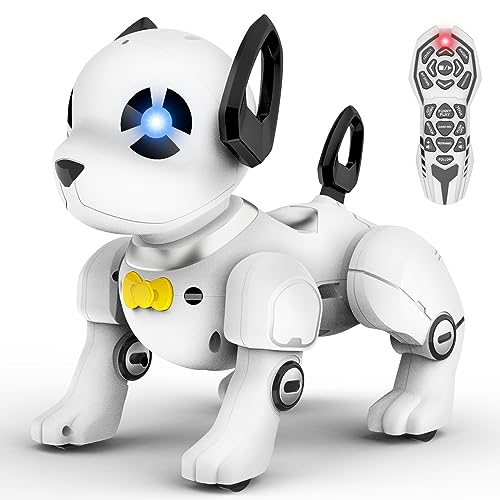 Remote Control Robot Dog Toy, RC Dog Programmable Smart Interactive Robotic Pets, RC Stunt Robot Toys Imitates Animals Music Dancing Handstand Push-up Follow Functions for Boys Girls Toy White Silver ProductsLogo