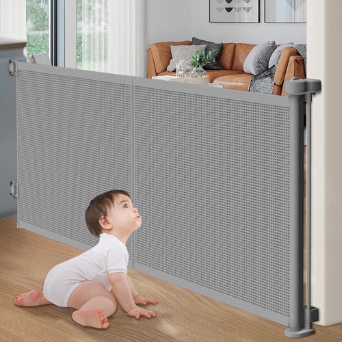 Upgrade Retractable Baby Gates, 35" Tall Extends up to 60" Wide, Mesh Dog Gate Indoor for Stairs, Outdoor Reinforced Pet Gate with Support Rods for Doorways Hallways Kitchen Bedroom, Grey ProductsLogo