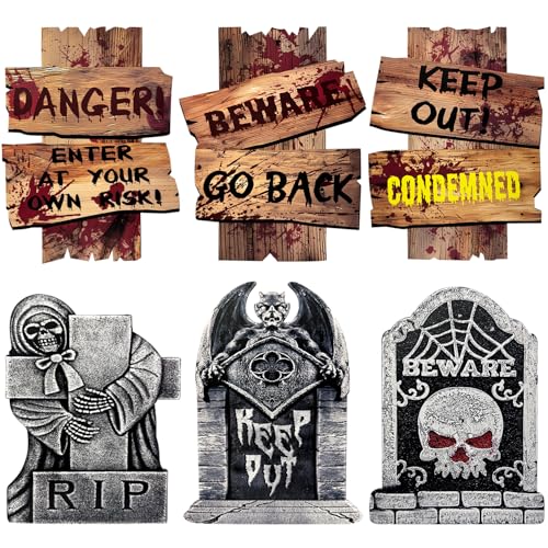 Halloween Decorations Outdoor, 6 Pack Realistic Corrugated Plastic Tombstones and Scary Graveyard Signs with Stakes, Statues Scary Lawn Decor for Vampire Graves, Garden, Home and Party ProductsLogo