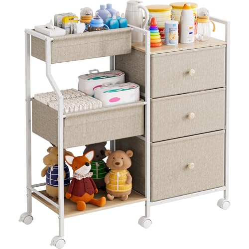 Modanais Baby Organizer and Storage - 3 Tier Rolling Cart with Dividers and Drawers, Easy To Assemble, Mobile Utility Cart with Wheels for Nursery, Bedroom, Changing Table & Crib,Off White ProductsLogo