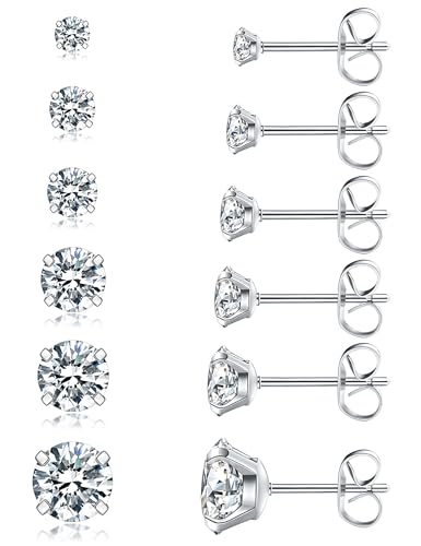 6 Pairs Stud Earrings Set, Hypoallergenic Cubic Zirconia 316L Earrings Stainless Steel CZ Earrings 3-8mm (Steel color) ProductsLogo