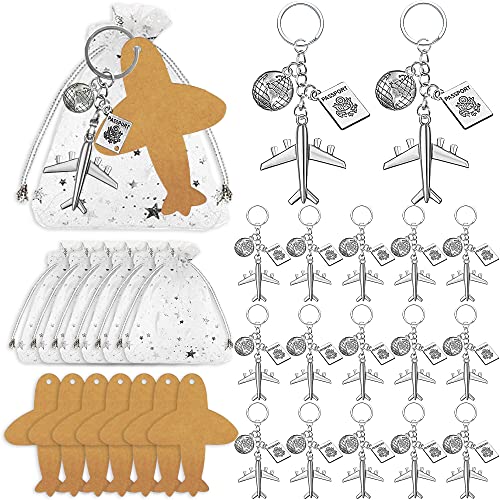 18 Sets Travel Adventure Party Favors - Airplane Compass Keychains, Tags, Organza Bags for Theme Party, Graduation, Baby Shower Supplies (Style 1) ProductsLogo