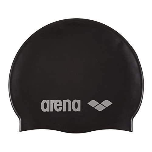 Arena Classic Unisex Soft Silicone Swim Cap for Women and Men, Intensive Training and Racing Comfortable Non-Slip Long Hair Swimming Hat, Black/Silver ProductsLogo