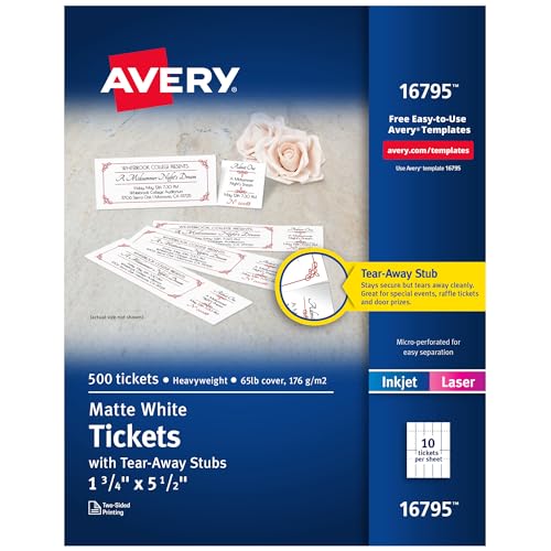 Avery Printable Tickets with Tear-Away Stubs, 1.75" x 5.5", Matte White, 500 Blank Tickets for Laser and Inkjet Printers (16795) ProductsLogo