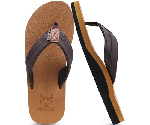 KuaiLu Mens Leather Flip Flops Arch Support Summer Beach Pool Water Thong Sandals Waterproof Essentials Walking Shoes Slip on Orthotic Casual Sport Cushioned Wide Slides Shower Slippers Khaki Size 11 ProductsLogo