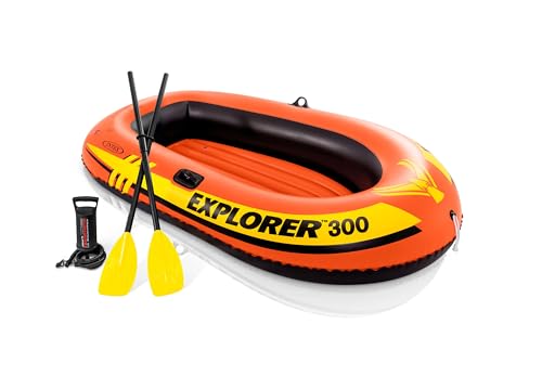INTEX 58332EP Explorer 300 Inflatable Boat Set: Includes Deluxe Boat Oars and Mini Hand Pump – Dual Air Chambers – Grab Rope – 3-Person – 410lb Weight Capacity ProductsLogo