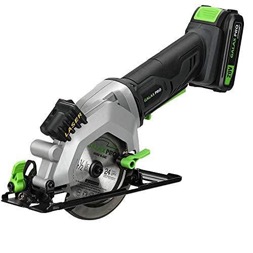 GALAX PRO Mini Circular Saw, DC20V 4-1/2" Cordless Circular Saw with 2.0Ah battery, Laser Guide, Rip Guide, 2 Pcs Blades(24T+ 60T), 3400RPM, Max Cutting Depth 1-11/16"(90°), 1-1/8"(45°) ProductsLogo
