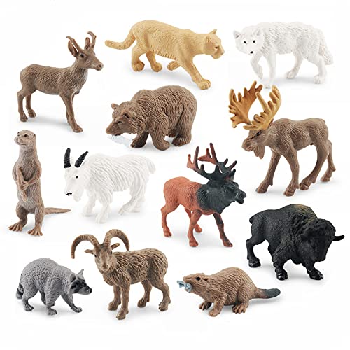 NatureMan North American Animals Set 12PCS Mini Wild Animals Figurines Set cludes Moose Raccoon Cougar, Wolf, Beaver for Children Educational Toy Cake Toppers ProductsLogo