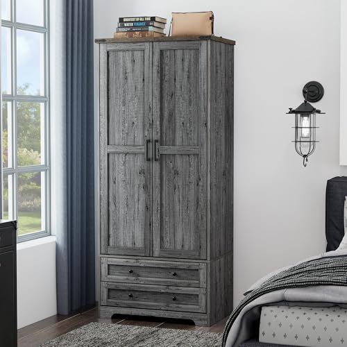 Yechen 71" Wooden Armoire Wardrobe Closet - Modern Functional Clothes Tall Storage Cabinet with Adjustable Shelf and Hanging Rail, Sturdy Freestanding Closet Wardrobe with 2 Wide Drawers for Bedroom ProductsLogo