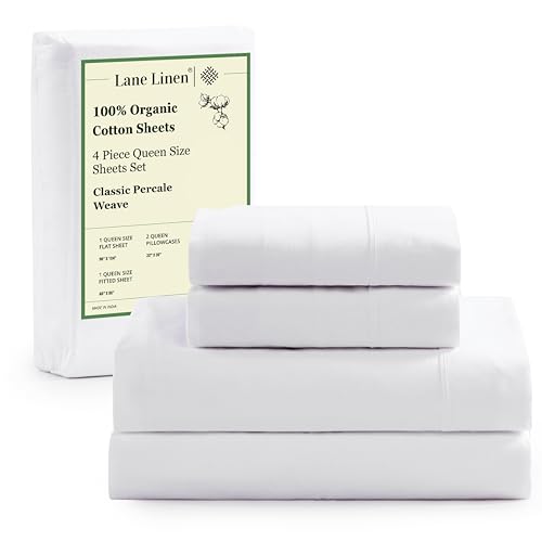 LANE LINEN Eco Friendly 100% Organic Cotton Queen Sheet Set, Soft & Comfy Fully Elasticized 15" Deep Pocket Bed Sheets, Low Pill Naturally Cooling Machine Wash Sábanas Queen- White Bed Sheets ProductsLogo
