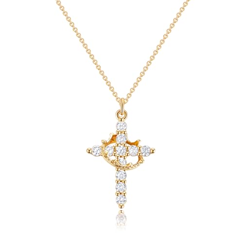 Robaice Gold Cross Necklace for Women 14K Gold Plated Crown Cross Pendant Necklace Simple Diamond Cross Necklaces Faith Jewelry First Communion Necklace, Gold ProductsLogo