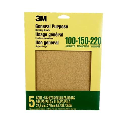 3M Aluminum Oxide Sandpaper, 5 Sheets, Assorted Grit 100-150-220, 9-in x 11-in, Multi-Purpose Abrasive Sanding Paper, For General Purpose Sanding On Paint, Wood and Metal (9005NA) ProductsLogo
