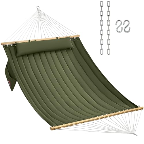 CHULIM Double Quilted Fabric Hammock with Hardwood Spreader Bars and Pillow 450 LBS Capacity 2 Person Large Hammock for Outdoor Patio Backyard Poolside - Green ProductsLogo