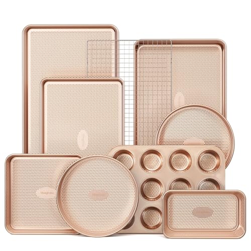 HONGBAKE 9-Piece Baking Pans Set Nonstick, Stackable Non Toxic Bakeware Sets with Diamond Texture, Oven Pan Set for Cooking, Includes Cookie Sheet with Rack, Cake Pan, Roasting Pan, Muffin Tin, Gold ProductsLogo