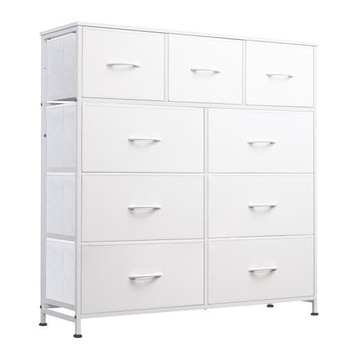WLIVE 9-Drawer Dresser, Fabric Storage Tower for Bedroom, Hallway, Closet, Tall Chest Organizer Unit for Bedroom with Fabric Bins, Steel Frame, Wood Top, Easy Pull Handle, White ProductsLogo