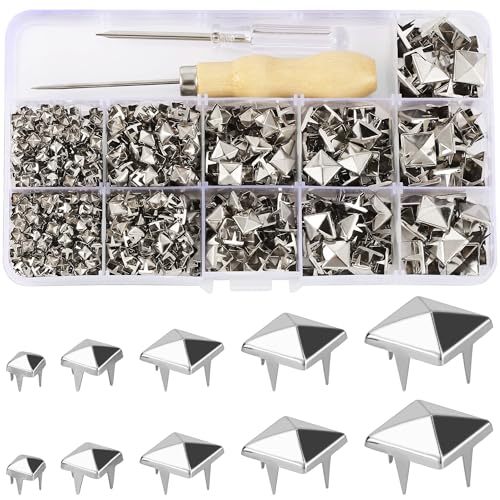 YORANYO 968 Pcs Assorted Sizes Square Pyramid Studs Prong Studs for Clothing Leather Rivet Kit Spikes and Studs for Leather Craft Clothing Belts Bags Shoes Bracelets Dog Collar Accessories (Silver) ProductsLogo